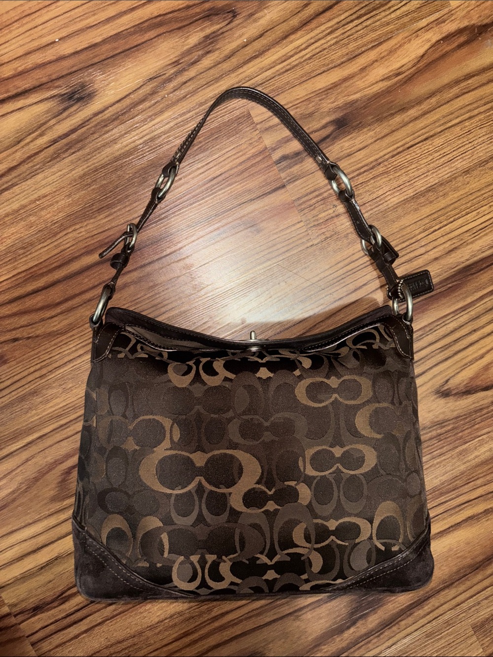 Vintage Coach Medium Brown Signature Pattern Turn Lock Shoulder Bag